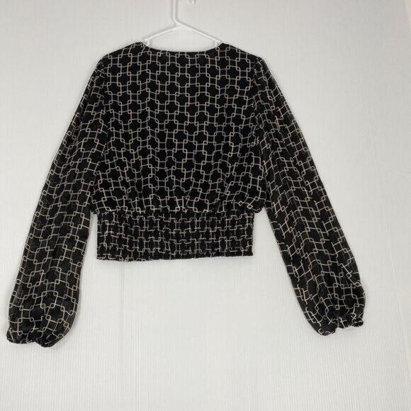 HAVER LONDON Black/Gold Geo Chains VNeck Elastic Cuffs Ruched Waist Blouse Large - Picture 4 of 15